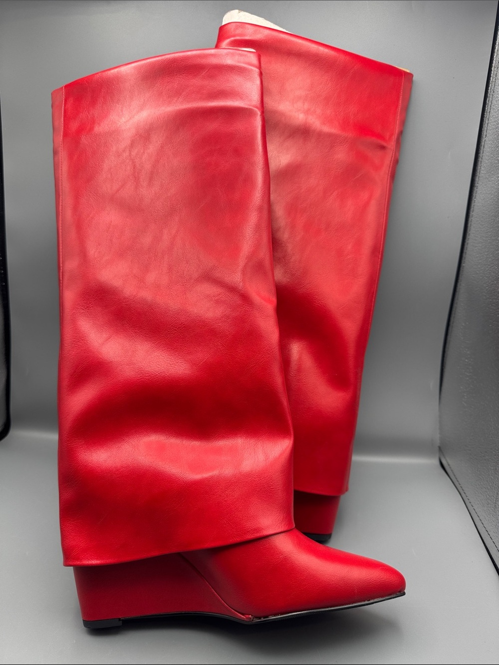 Madden Girl Evannder Red Paris Fold-Over Knee-High Wedge Boots